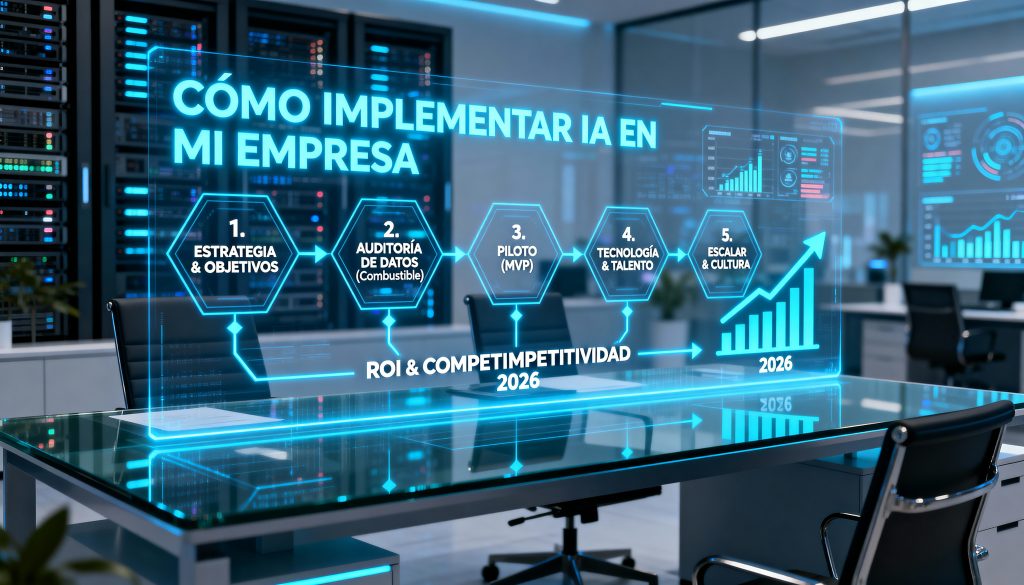 Gráfico estratégico que muestra los 5 pasos sobre cómo implementar IA en mi empresa, desde la auditoría de datos hasta la gestión cultural.