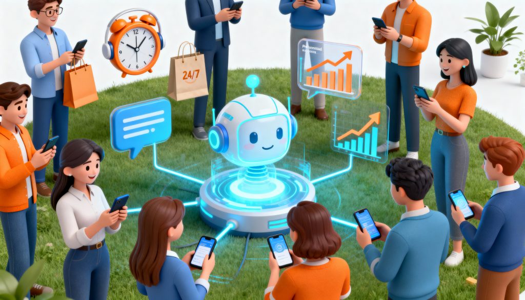 Gráfico futurista que muestra cómo utilizar la IA para mejorar la experiencia del cliente a través de personalización y soporte digital.