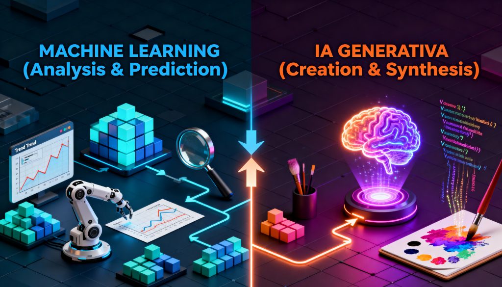 Ilustración conceptual que muestra visualmente la diferencia entre Machine Learning (análisis de datos) y IA generativa para negocios (creación de contenido)