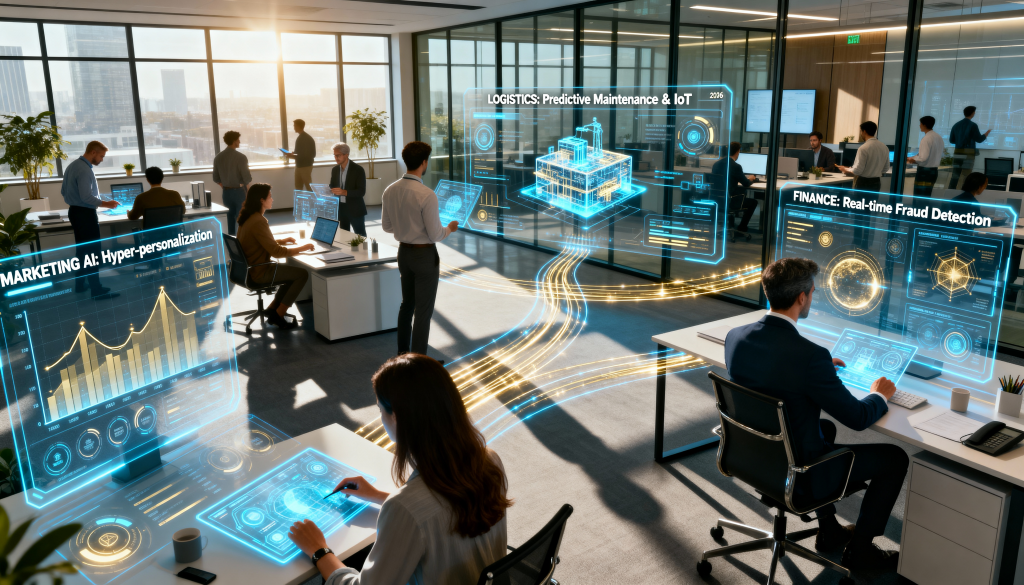 Oficina futurista mostrando ejemplos de IA y casos de uso empresarial en pantallas holográficas de marketing, logística y finanzas.