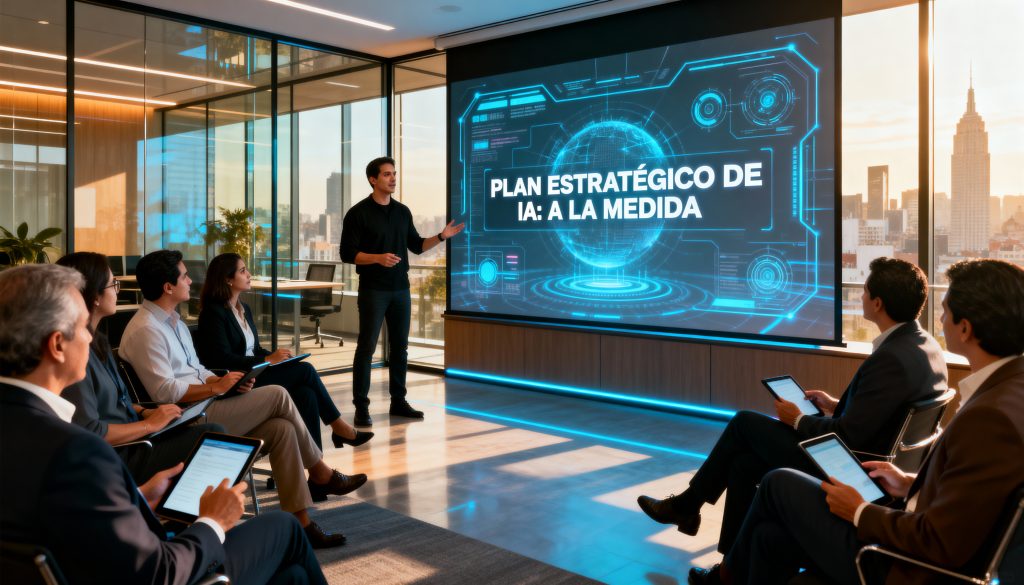 Sesión ejecutiva de una de las mejores capacitaciones empresariales de IA de México impartida por Brita IA, mostrando un plan de estudios personalizado en pantalla.