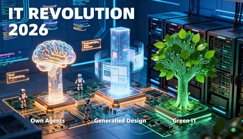 Ilustración futurista que visualiza la Revolución IT 2026, mostrando la convergencia entre agentes de IA autónomos, diseño generativo y tecnología sostenible (Green IT) en un centro de datos
