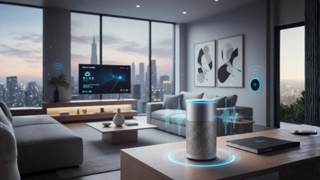Altavoz inteligente con IA - asistente virtual en sala moderna - domótica avanzada