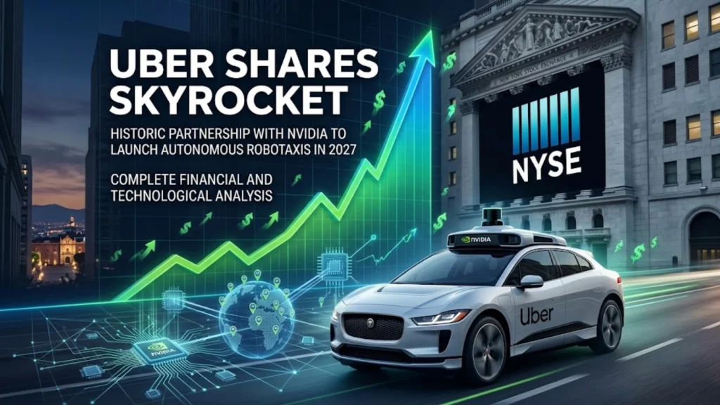 Vehículo autónomo de Uber navegando por una ciudad inteligente impulsado por la tecnología de inteligencia artificial de NVIDIA.