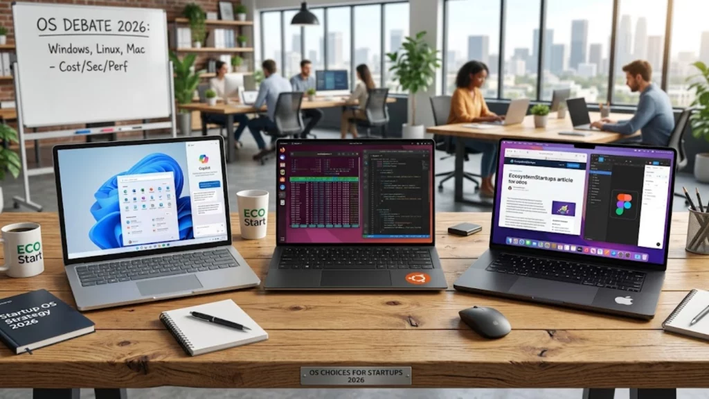 Comparativa de logotipos de Windows, Linux y macOS en un entorno de oficina tecnológica moderna.