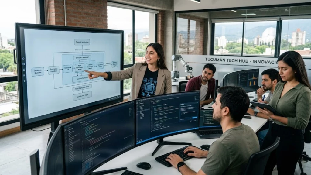 Equipo de desarrollo creando software empresarial con inteligencia artificial en Tucumán.