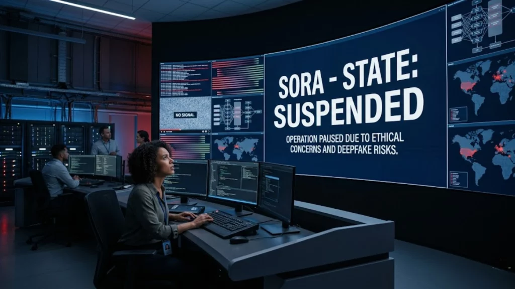 Interfaz de OpenAI Sora mostrando advertencia de suspensión de servicio.
