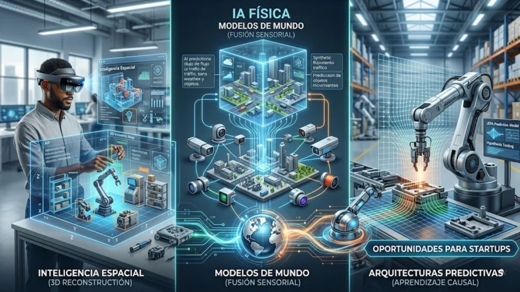 Representación de inteligencia artificial interactuando con entornos físicos y robótica.