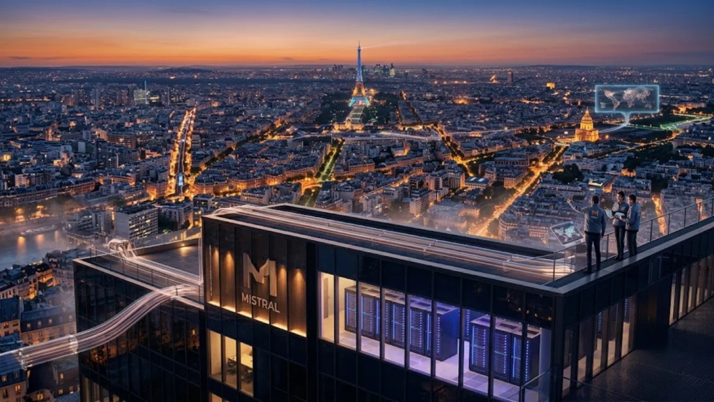 Sede de Mistral AI en París y representación de servidores de alta densidad para inteligencia artificial.