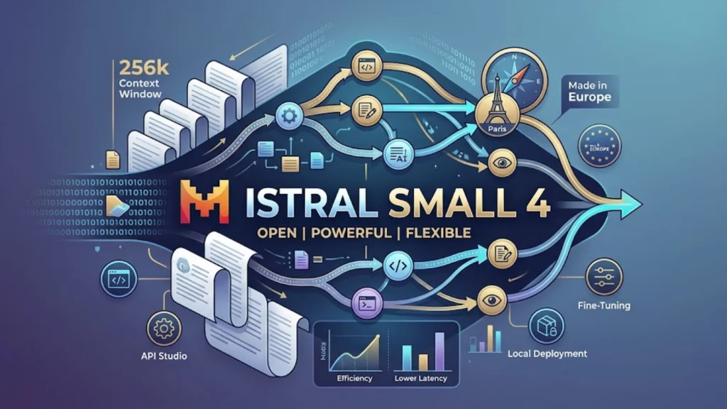 Interfaz tecnológica del modelo Mistral Small 4 mostrando arquitectura Mixture of Experts y redes neuronales.
