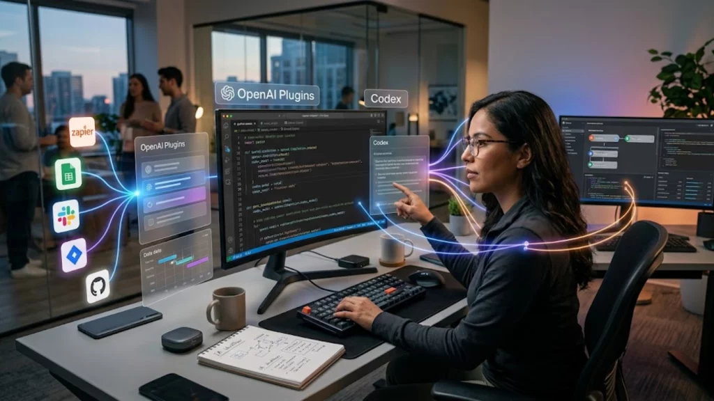 Representación visual de la integración de OpenAI Plugins y Codex en un entorno de desarrollo profesional.