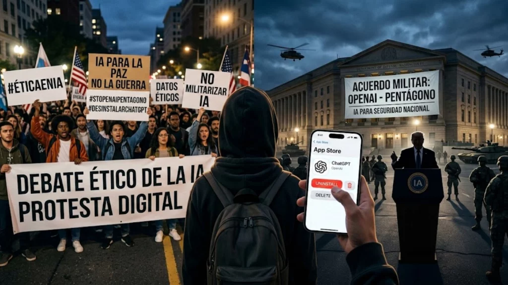 Usuarios desinstalan ChatGPT - smartphone y logotipos - polémica militar y ética