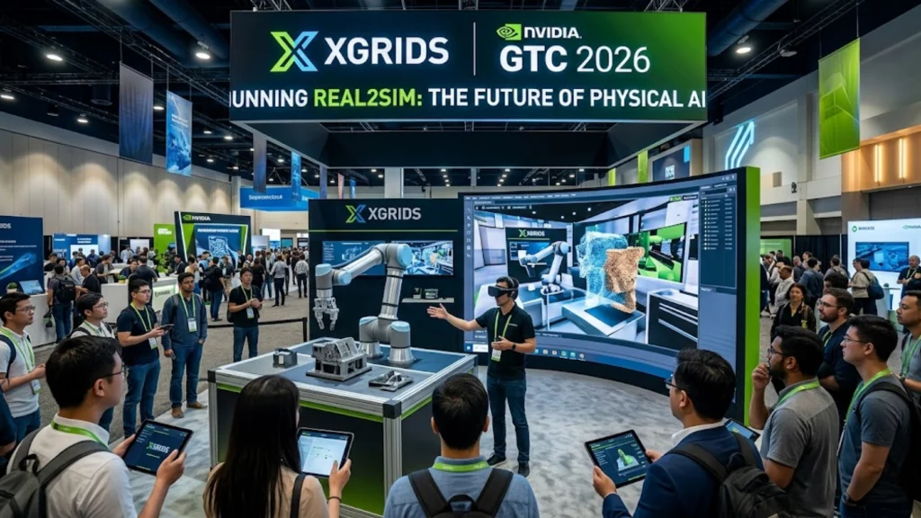 Demostración de XGRIDS en NVIDIA GTC 2026 sobre IA física y Real2Sim.