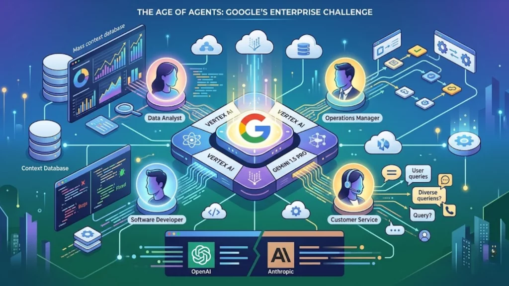 Representación tecnológica de los nuevos agentes de IA de Google para empresas.