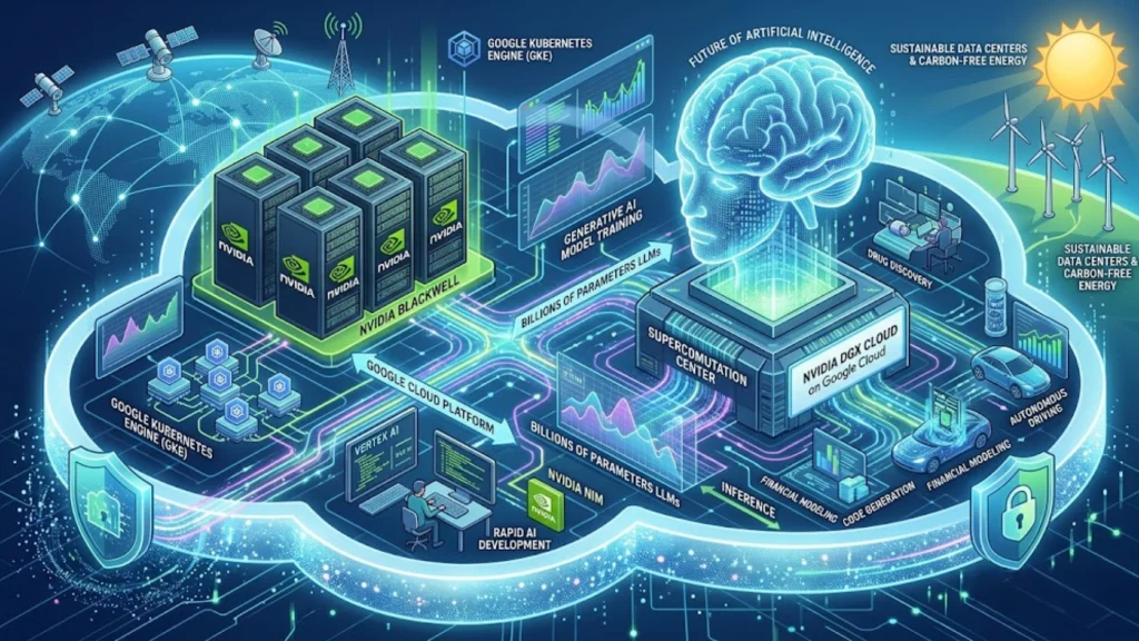 Servidores de Google Cloud equipados con tecnología NVIDIA para inteligencia artificial.