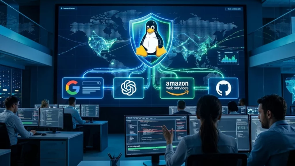 Representación de seguridad cibernética en el kernel de Linux con logos de Google, OpenAI y AWS.