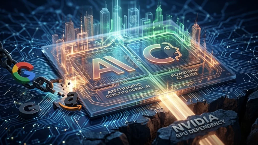 Representación de procesadores de IA personalizados de Anthropic y logo de la empresa.