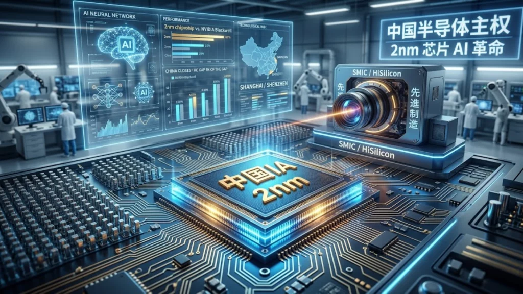 Representación de un chip de inteligencia artificial de 2 nanómetros desarrollado en China para competir con NVIDIA.