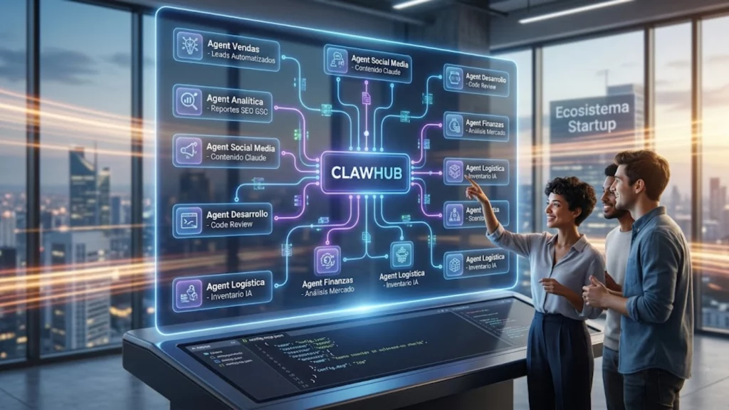 Interfaz de ClawHub mostrando repositorio de agentes de IA para empresas.