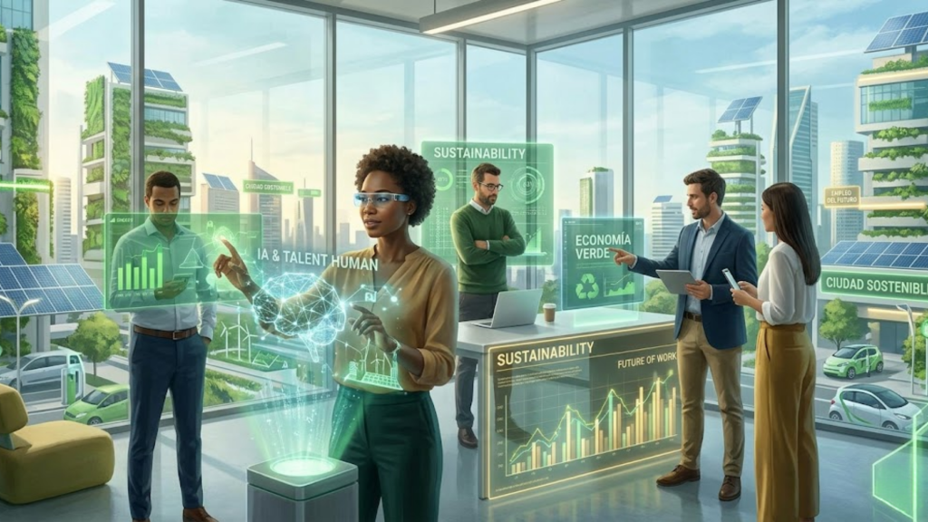 Representación tecnológica del futuro del trabajo con inteligencia artificial y entornos sostenibles.