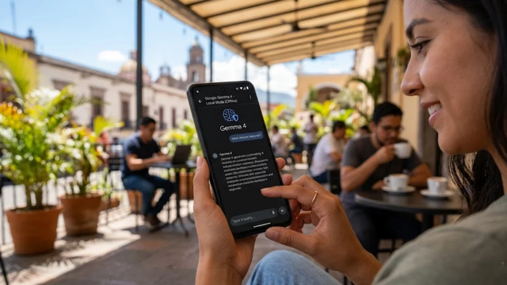 Interfaz de Google Gemma 4 funcionando en un smartphone sin conexión a internet.