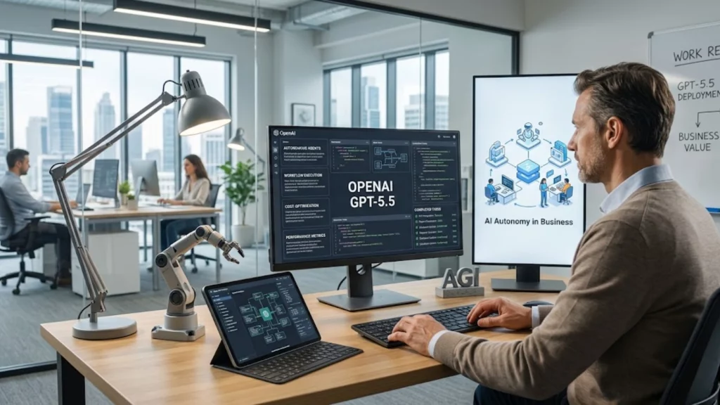 Interfaz de OpenAI mostrando las capacidades de GPT-5.5 en entornos de trabajo.