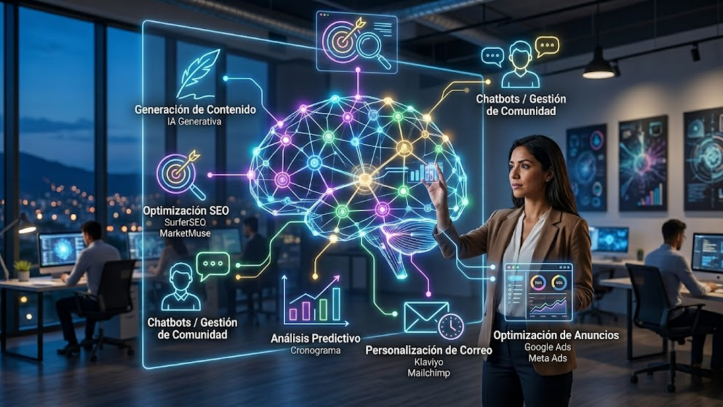 Profesional de marketing analizando métricas con herramientas de inteligencia artificial en una oficina moderna.