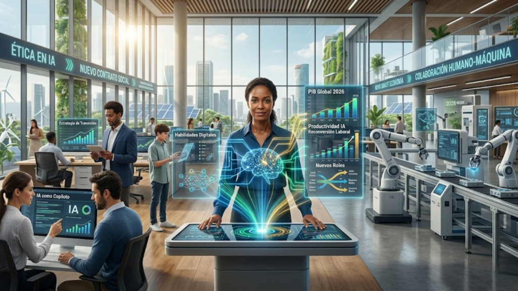 Representación tecnológica de la inteligencia artificial transformando el mercado laboral y la economía global en 2026.