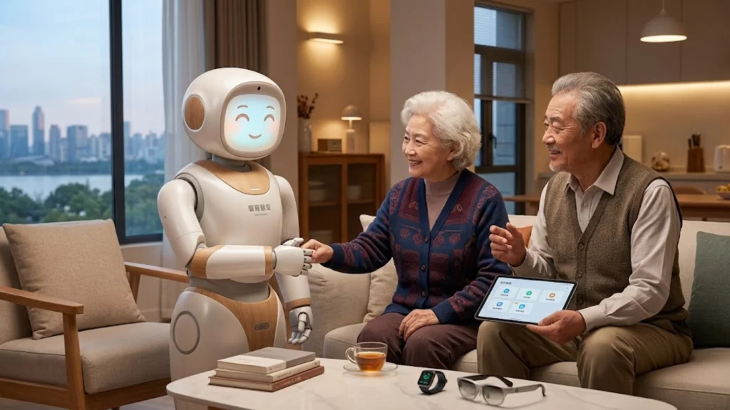 Robot asistencial de IA interactuando con una persona mayor en un entorno doméstico tecnológico.
