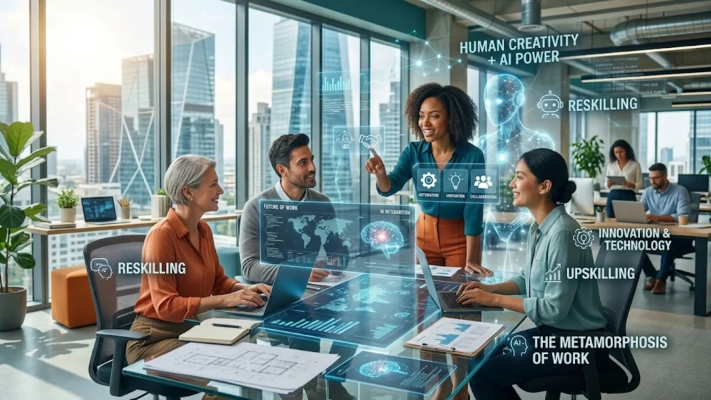 Representación tecnológica de la inteligencia artificial conviviendo con trabajadores humanos en una oficina moderna.