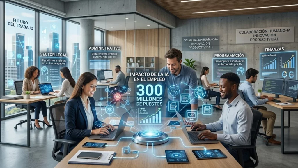 Representación digital de la inteligencia artificial transformando puestos de trabajo humanos.