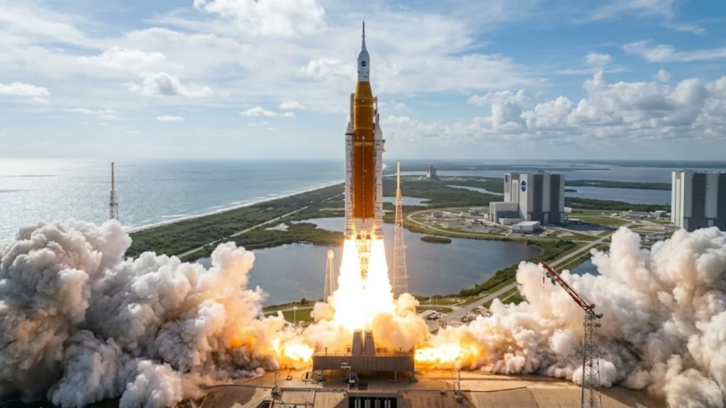 Lanzamiento del cohete SLS de la misión Artemis 2 desde el Centro Espacial Kennedy.