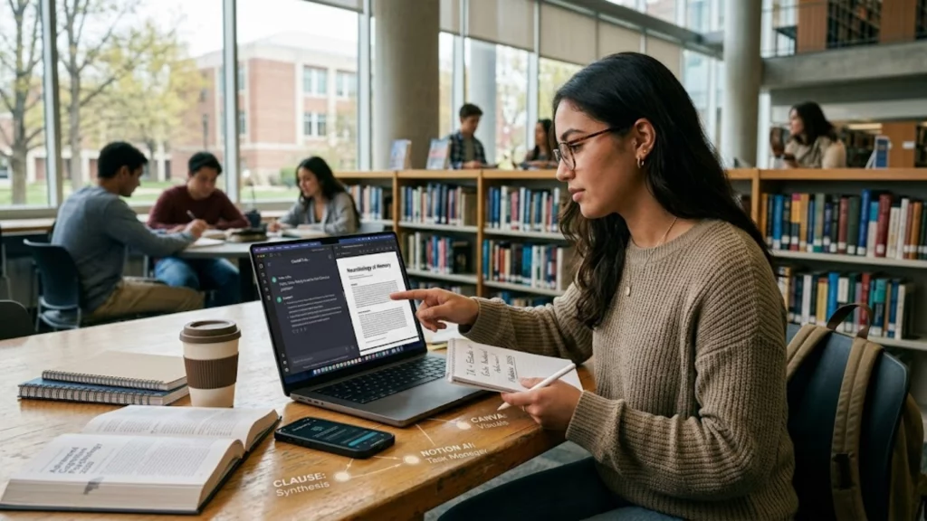 Estudiante universitaria utilizando herramientas de inteligencia artificial en su laptop en 2026