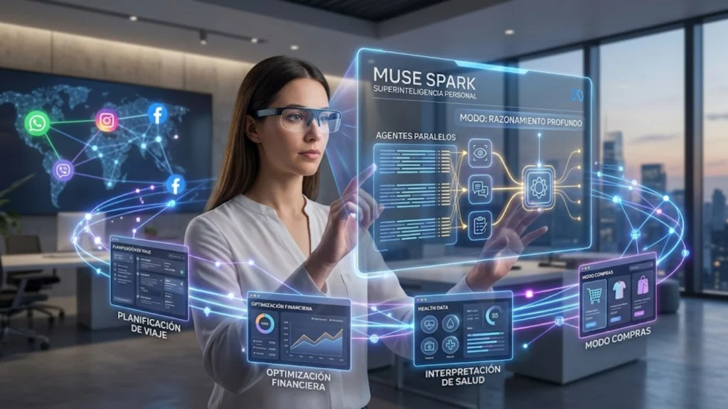 Interfaz de Meta Muse Spark mostrando capacidades de razonamiento multimodal y agentes inteligentes.