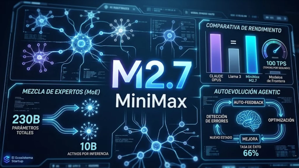 Interfaz tecnológica de MiniMax M2.7 mostrando redes neuronales y eficiencia de IA.
