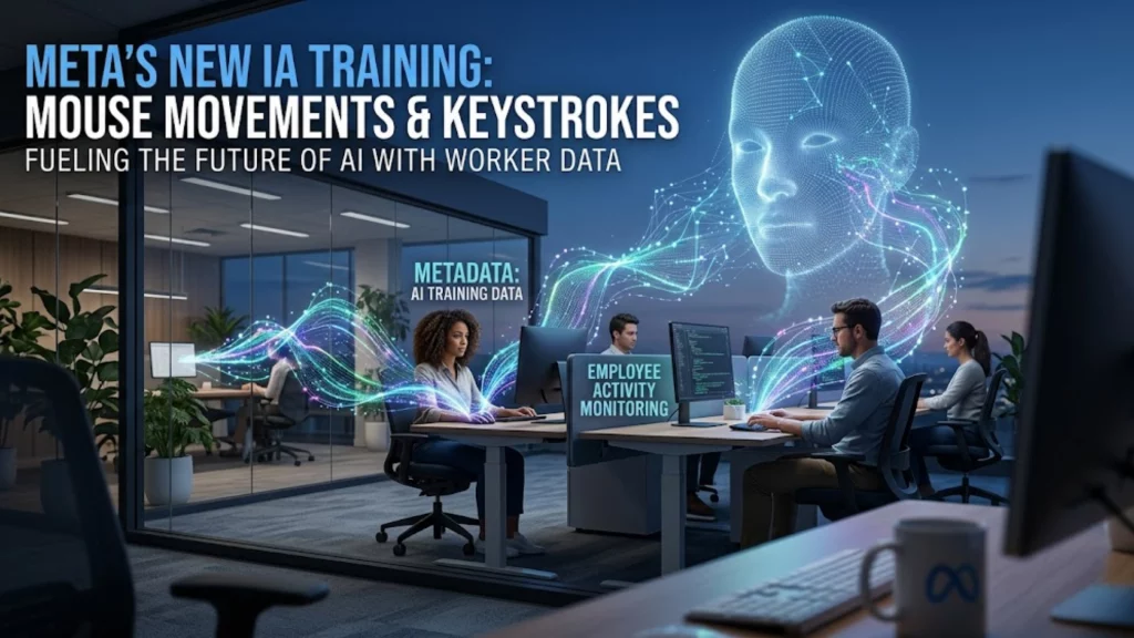 Representación de monitoreo digital de pulsaciones de teclas y movimientos de mouse en oficinas de Meta.