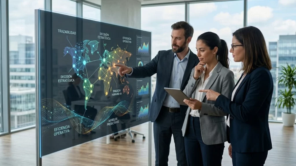 Ejecutivos analizando datos de inteligencia artificial para la toma de decisiones estratégicas.