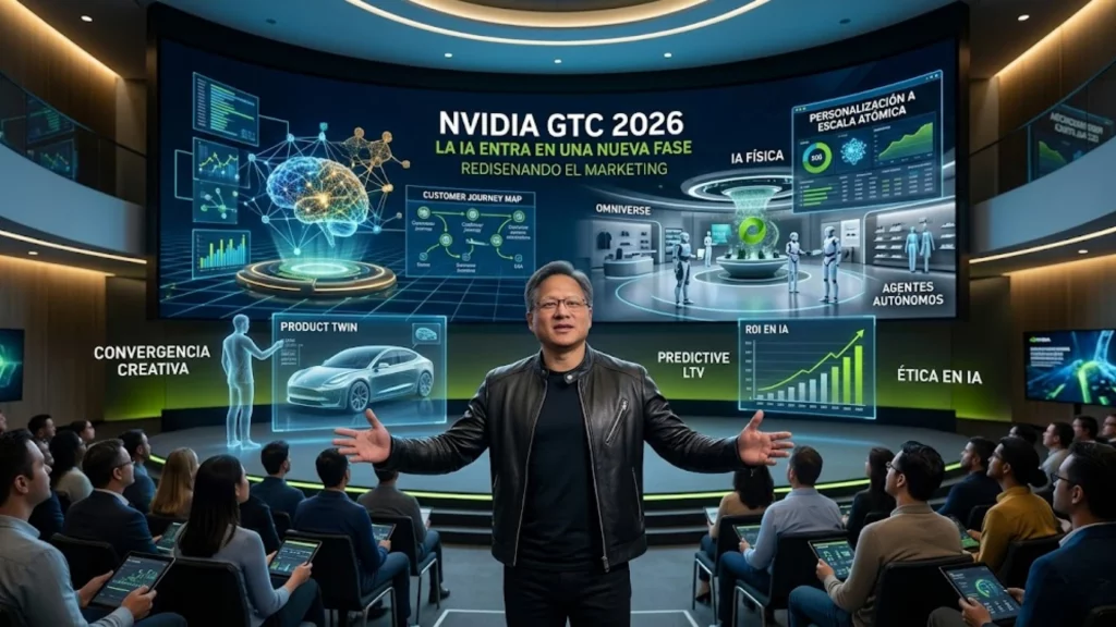 Jensen Huang en NVIDIA GTC 2026 presentando la evolución de la IA para marketing.