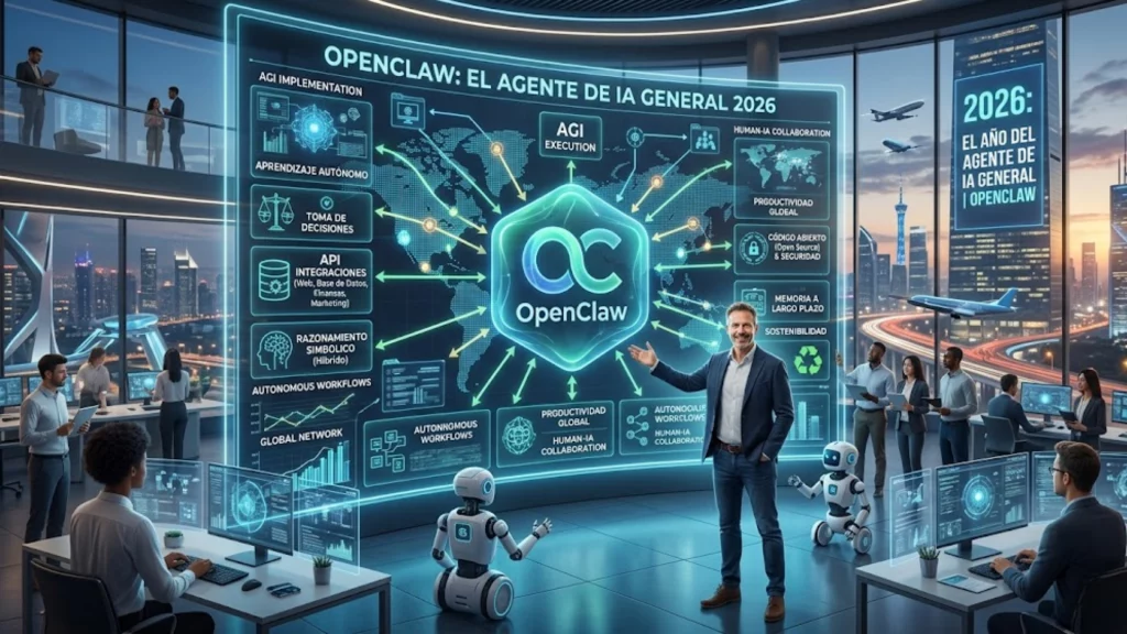 Representación de la interfaz de OpenClaw y el concepto de Agente de IA General 2026.