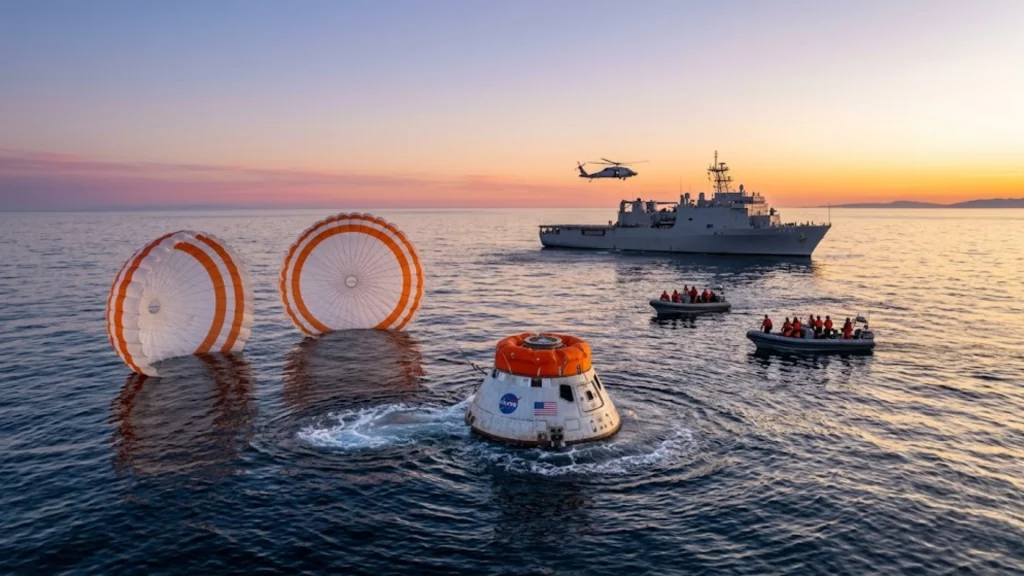 Regreso de la misión Artemis II a la Tierra cápsula Orión en el mar.