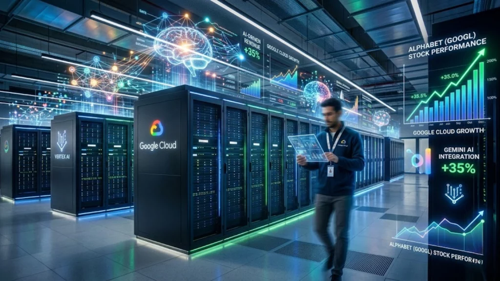 Gráfico de crecimiento de Alphabet y servidores de Google Cloud con inteligencia artificial.